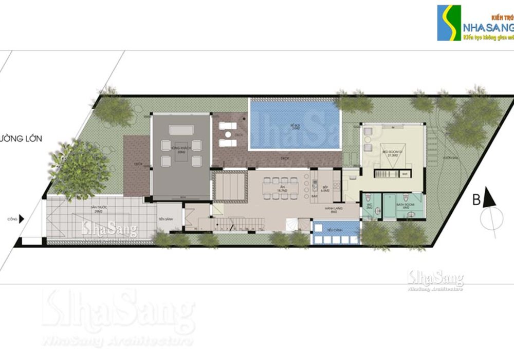 Thiết kế NHÀ VƯỜN ĐẸP 2 tầng 9,6m x 21,8m BT14141