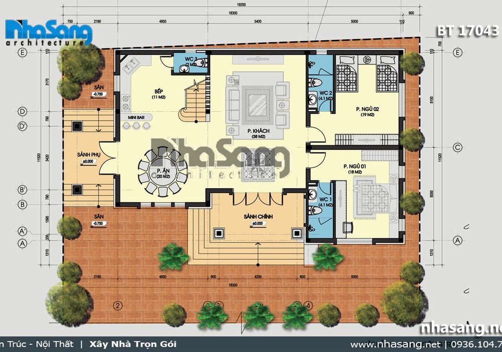 Biệt thự vườn Châu Âu 2 tầng mái thái 140m2 6 phòng ngủ BT17043