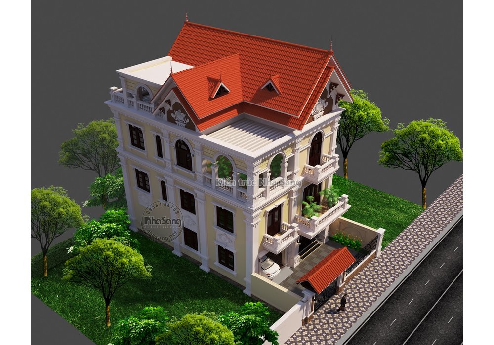 Mẫu biệt thự tân cổ điển 3 tầng mặt tiền 10m đẹp BT20010