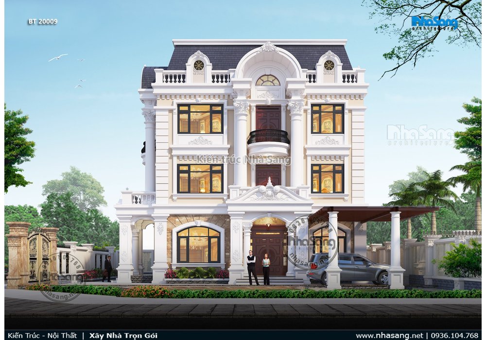 Mẫu biệt thự tân cổ điển 3 tầng mặt tiền 9m đẹp BT20009