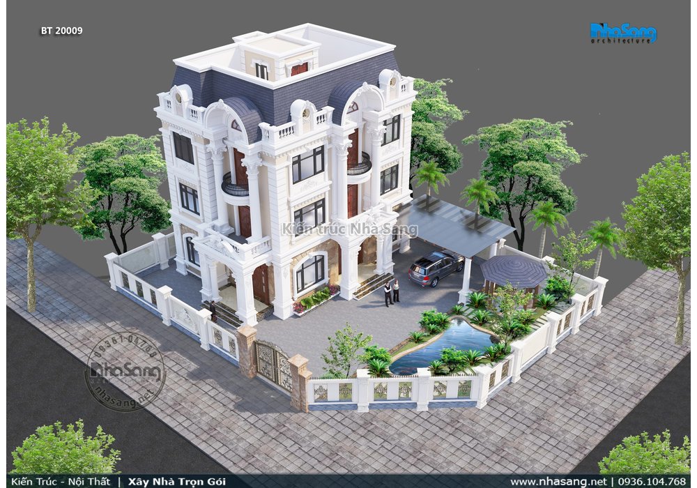 Mẫu biệt thự tân cổ điển 3 tầng mặt tiền 9m đẹp BT20009