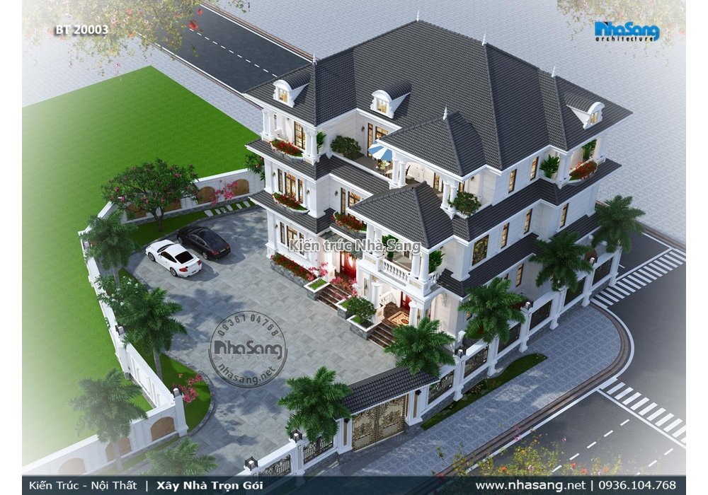Mẫu thiết kế nhà biệt thự tân cổ điển 3 tầng mái thái nhẹ nhàng BT20003