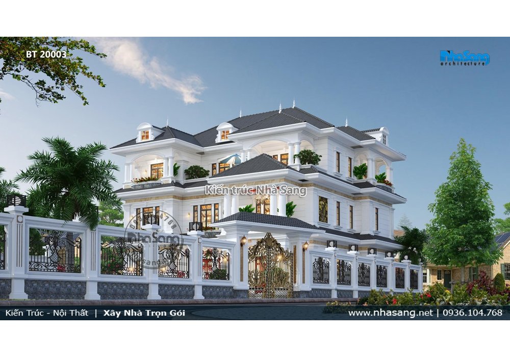 Mẫu thiết kế nhà biệt thự tân cổ điển 3 tầng mái thái nhẹ nhàng BT20003