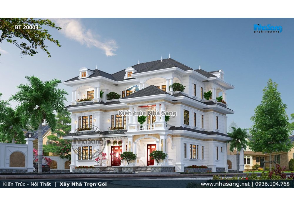 Mẫu thiết kế nhà biệt thự tân cổ điển 3 tầng mái thái nhẹ nhàng BT20003