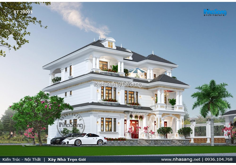 Mẫu thiết kế nhà biệt thự tân cổ điển 3 tầng mái thái nhẹ nhàng BT20003