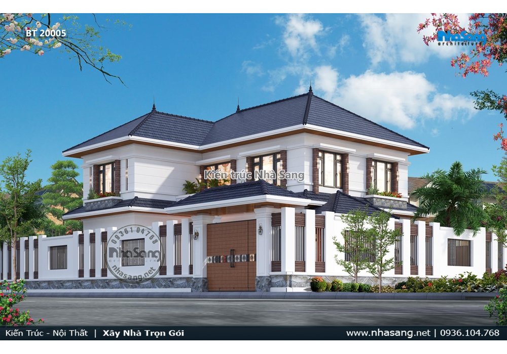 Mẫu nhà vườn chữ L mái thái ở nông thôn có 2 sảnh đẹp BT20005