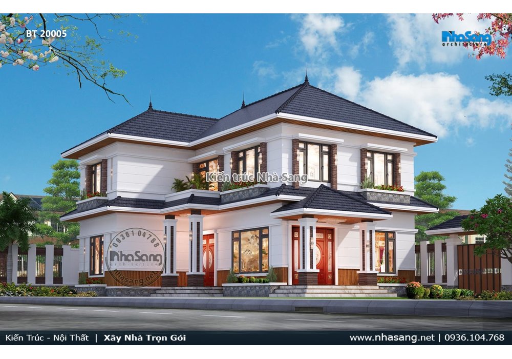 Mẫu nhà vườn chữ L mái thái ở nông thôn có 2 sảnh đẹp BT20005