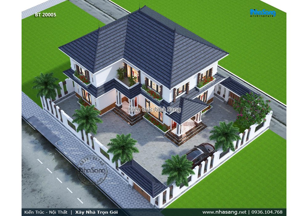 Mẫu nhà vườn chữ L mái thái ở nông thôn có 2 sảnh đẹp BT20005