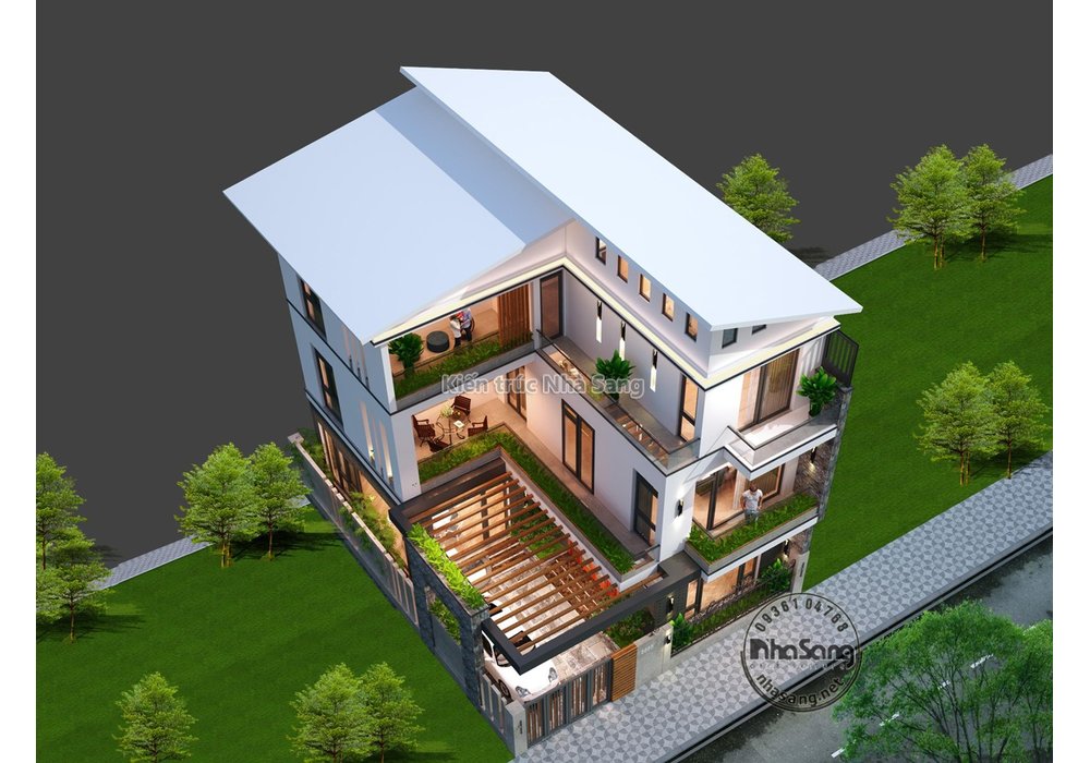 Mẫu biệt thự hiện đại 3 tầng chữ L mặt tiền 10m không gian sang trọng BT20013