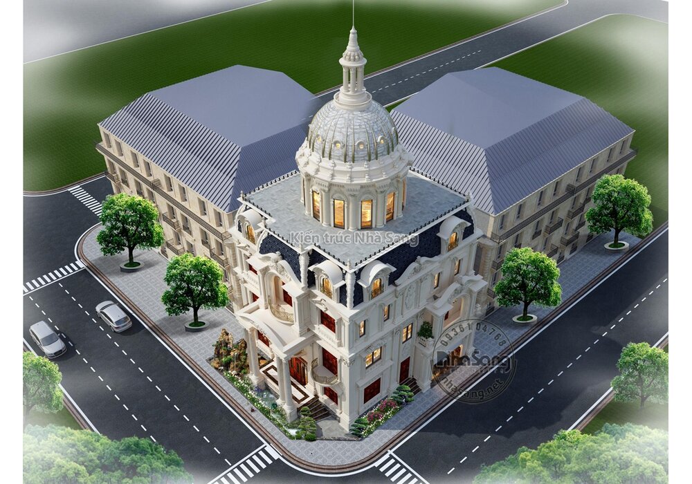 Mẫu thiết kế lâu đài lô góc 2 mặt tiền kết hợp kinh doanh nhà hàng hải sản BT2028